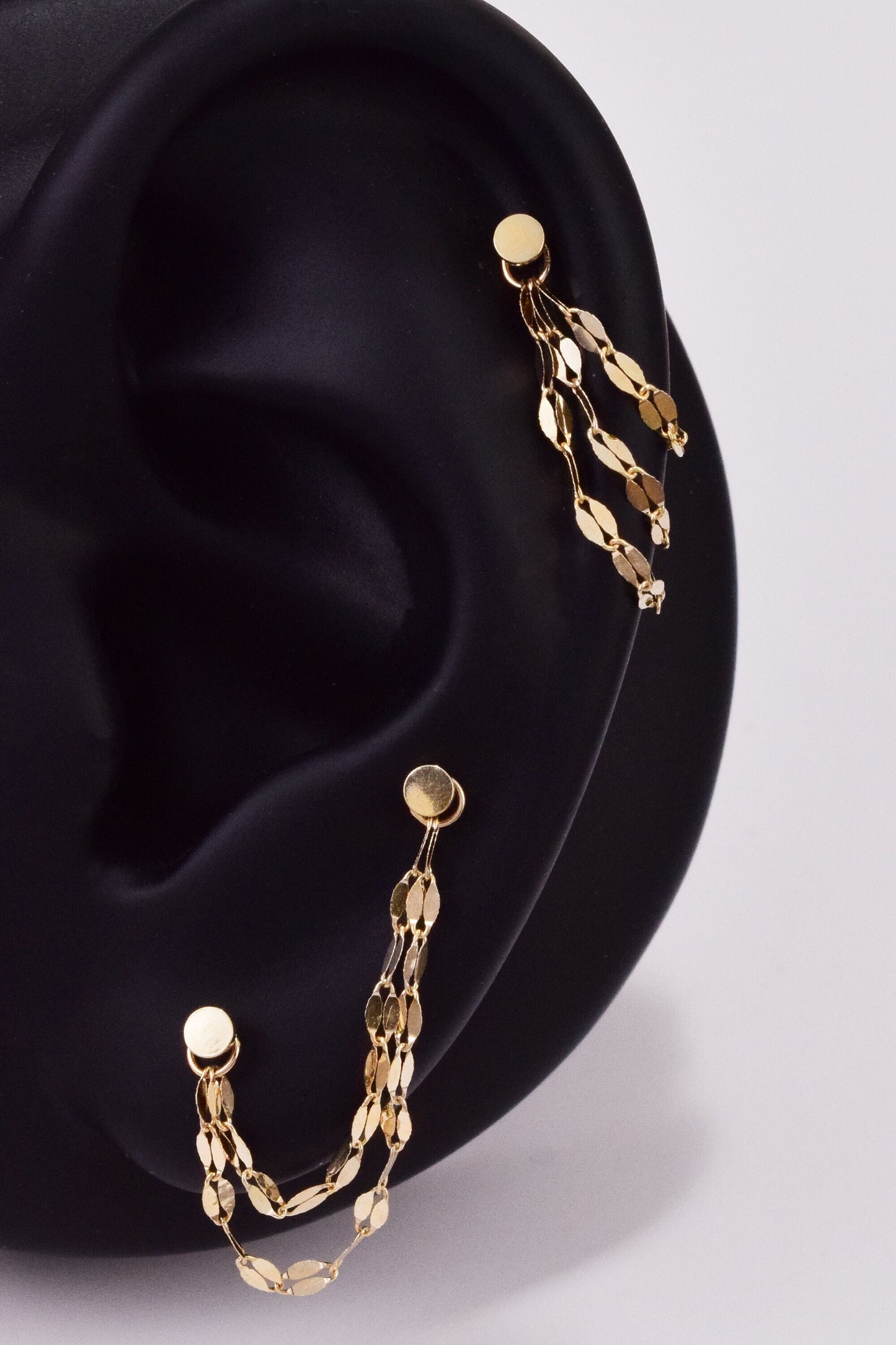 14K Solid Gold Sparkly Double Chain Cartilage Earring