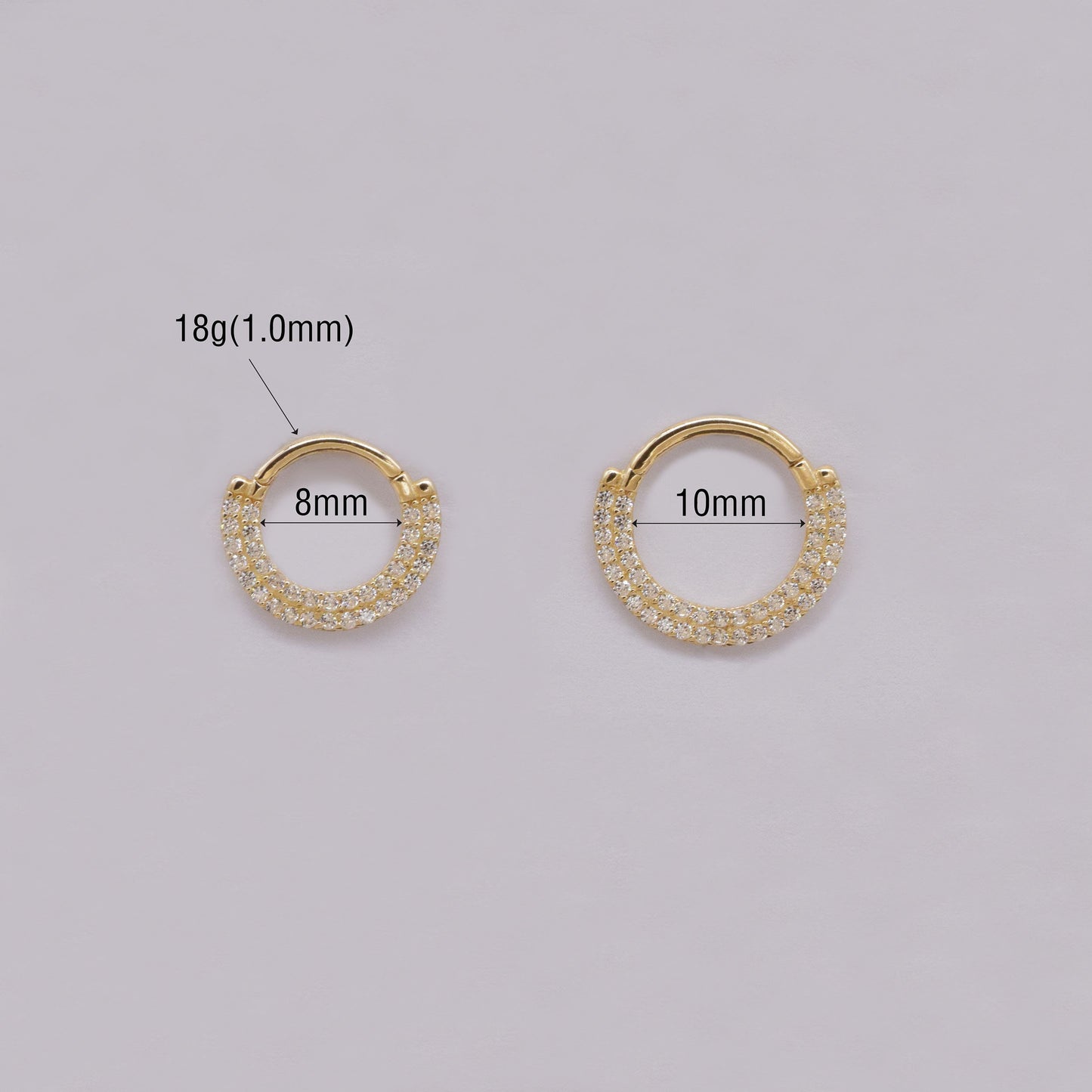 14K Solid Gold Double Row Daith Earring White Cubic Zirconia Septum Ring 18g