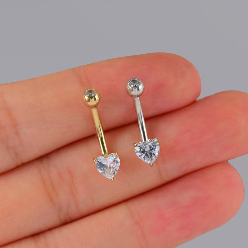 14K White Gold Heart CZ Belly Ring, 14G Curved Barbell