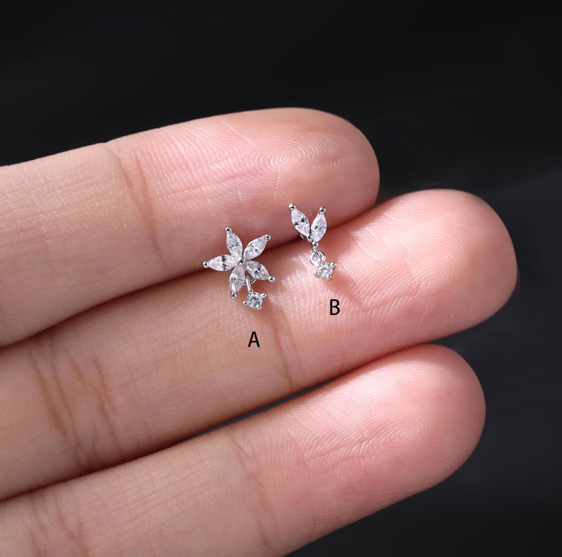 14K White Gold Flower Drop Stud