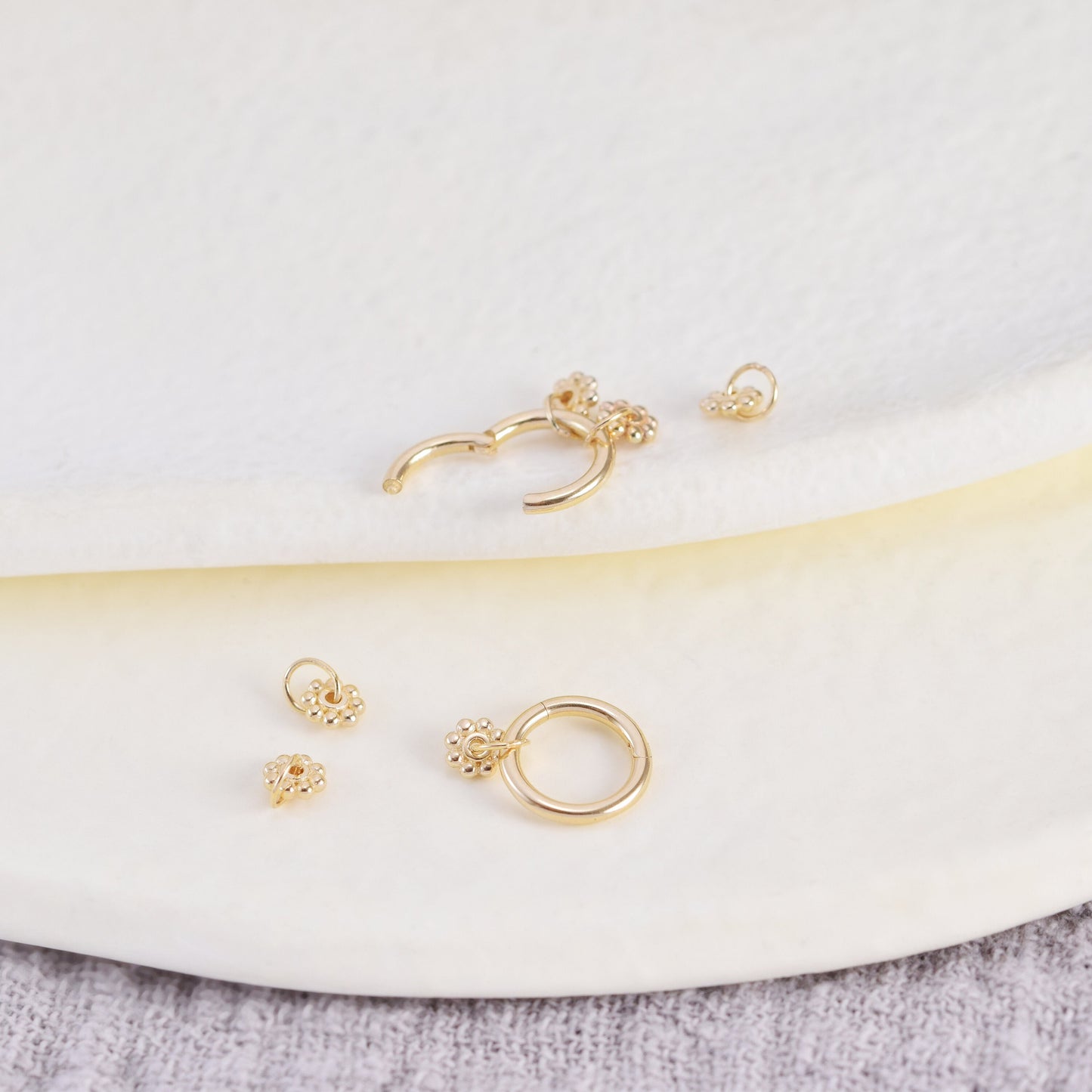 14K Solid Gold Flower Charm Earring Tiny Dot & Circle Stud for Cartilage