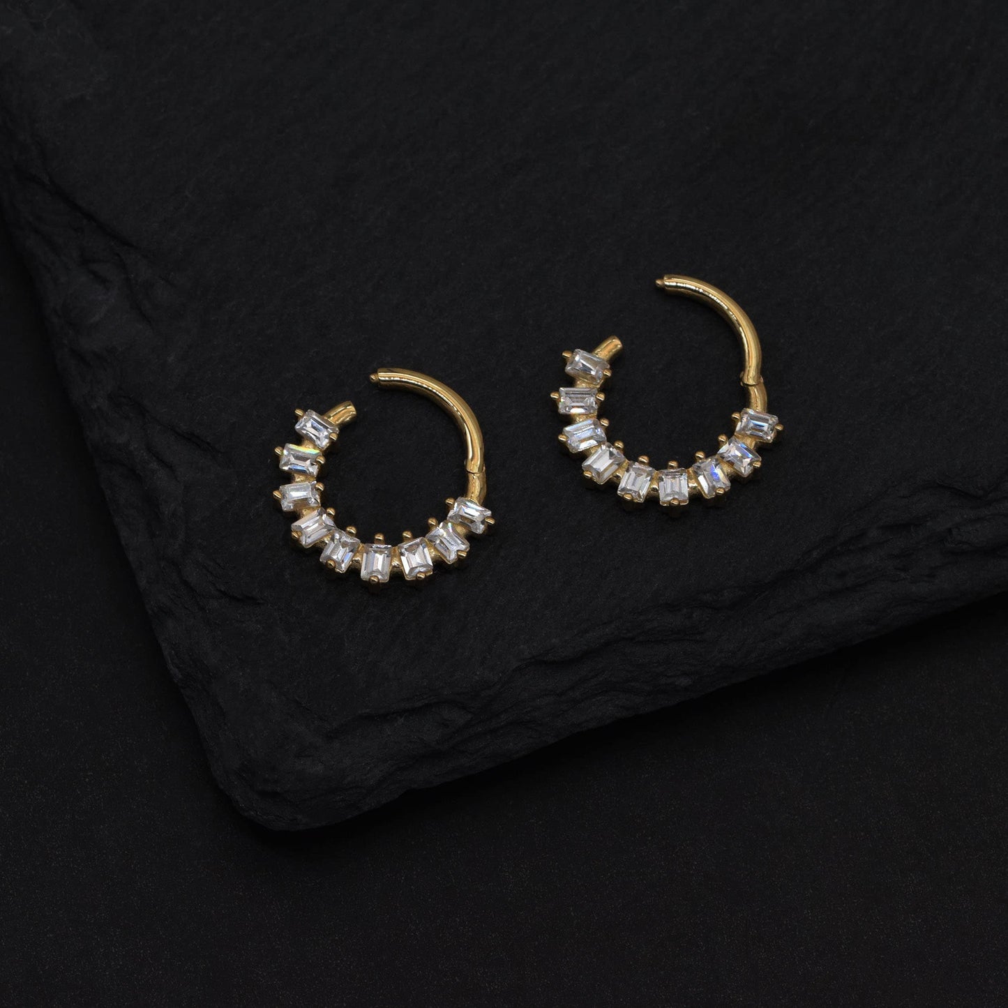 14K Solid Gold Baguette Zircon Hoop Earring 18g