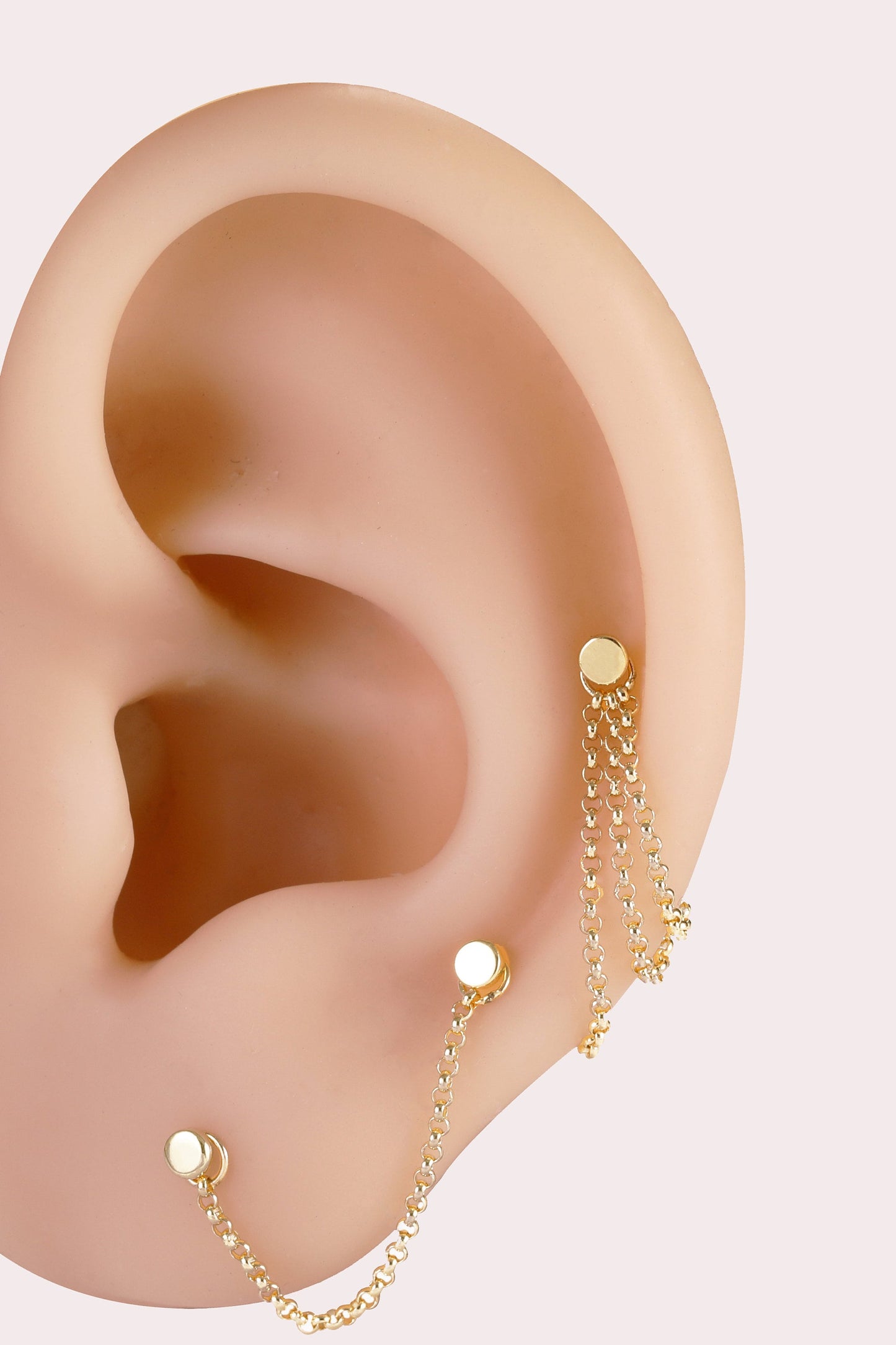 14K Solid Gold Triple Chain Earring Double Chain Piercing Helix Link Connector