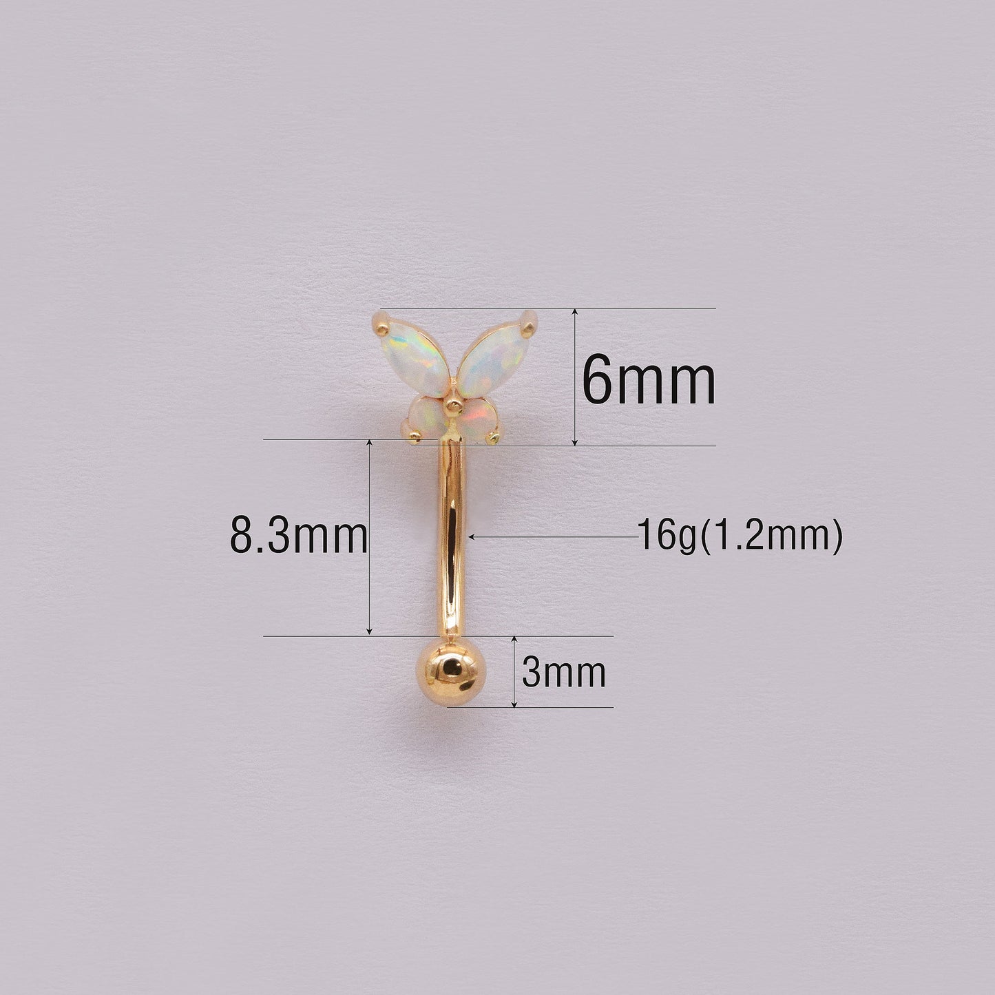 14K Solid Gold Butterfly Opal Curved Barbell 16G