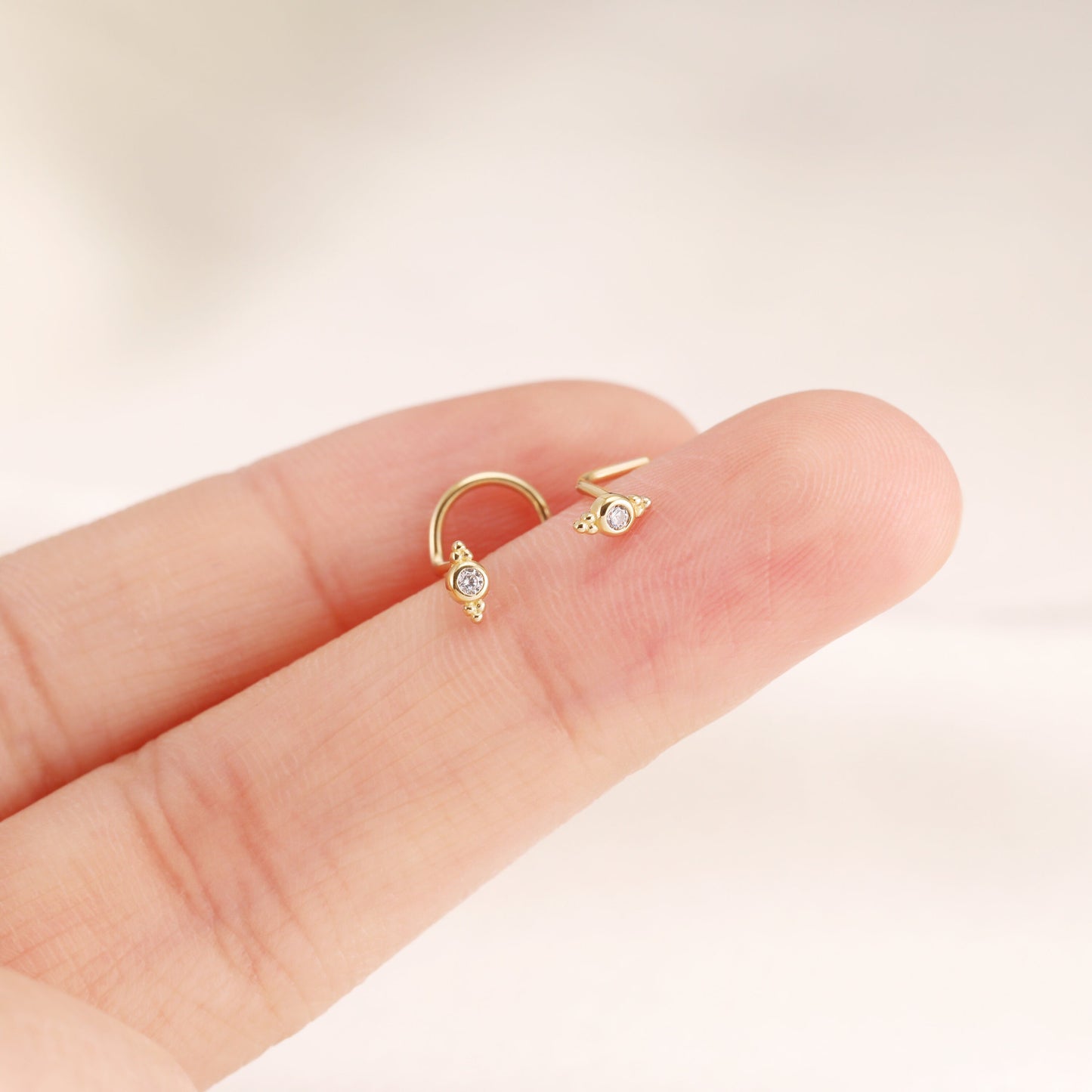 14K Solid Gold S/L Shape Beaded Nose Stud Gemstone 20g