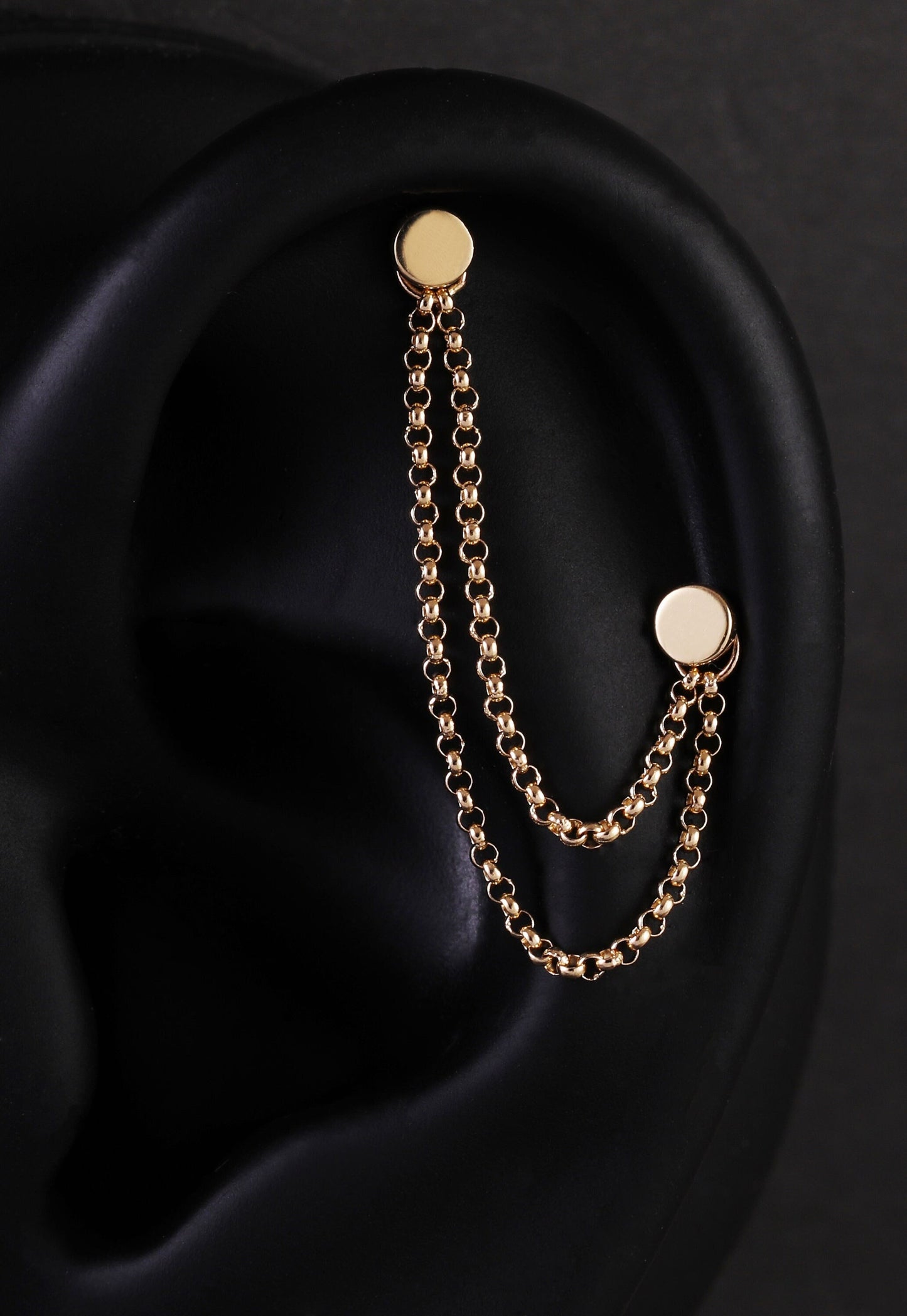 14K Solid Gold Triple Chain Earring Double Chain Piercing Helix Link Connector
