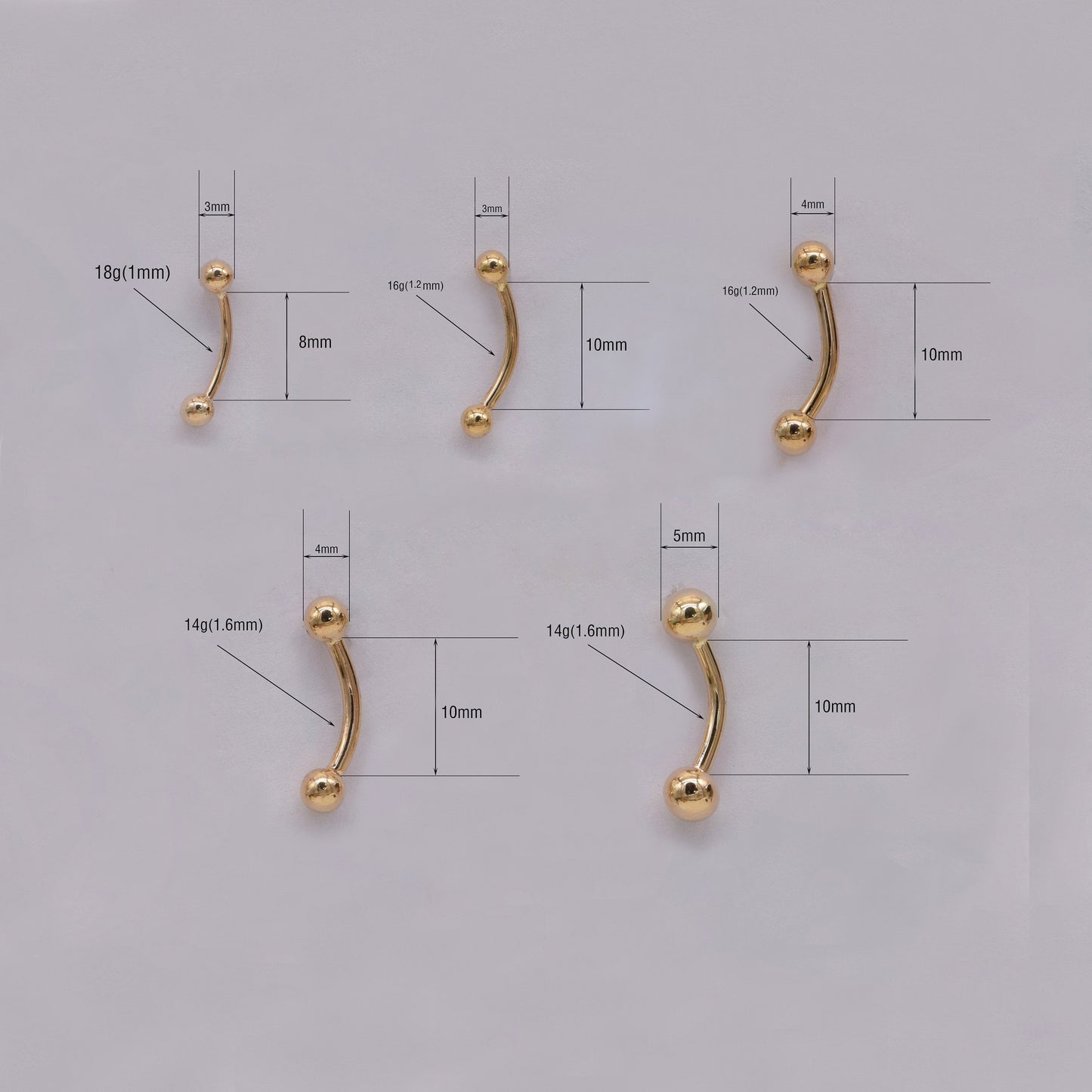 14K solid Gold Belly Button Ring Threaded Barbell Navel Rook Eyebrow 18g 16g 14g