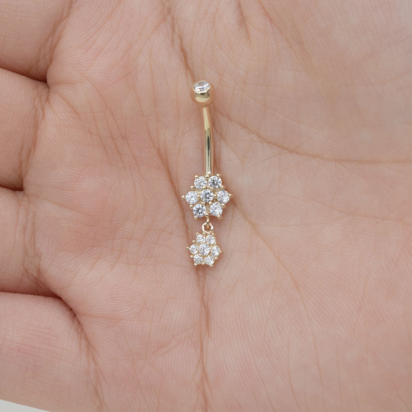 14K Solid Gold Dangle Flower Snowflake Navel Ring 14g