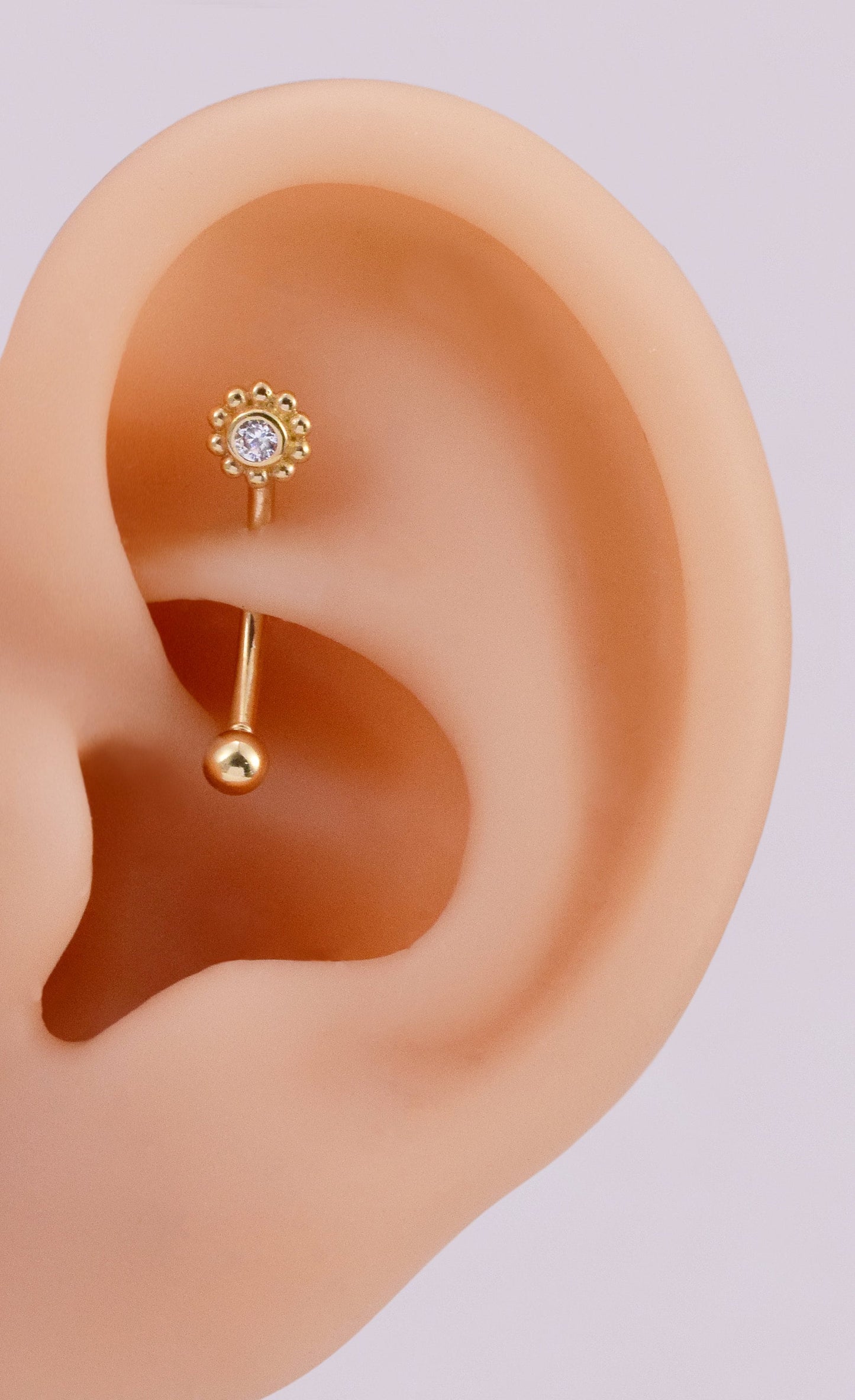 14K Solid Gold Sunflower Rook Piercing Curved Barbell Cubic Zirconia Belly Button 16g