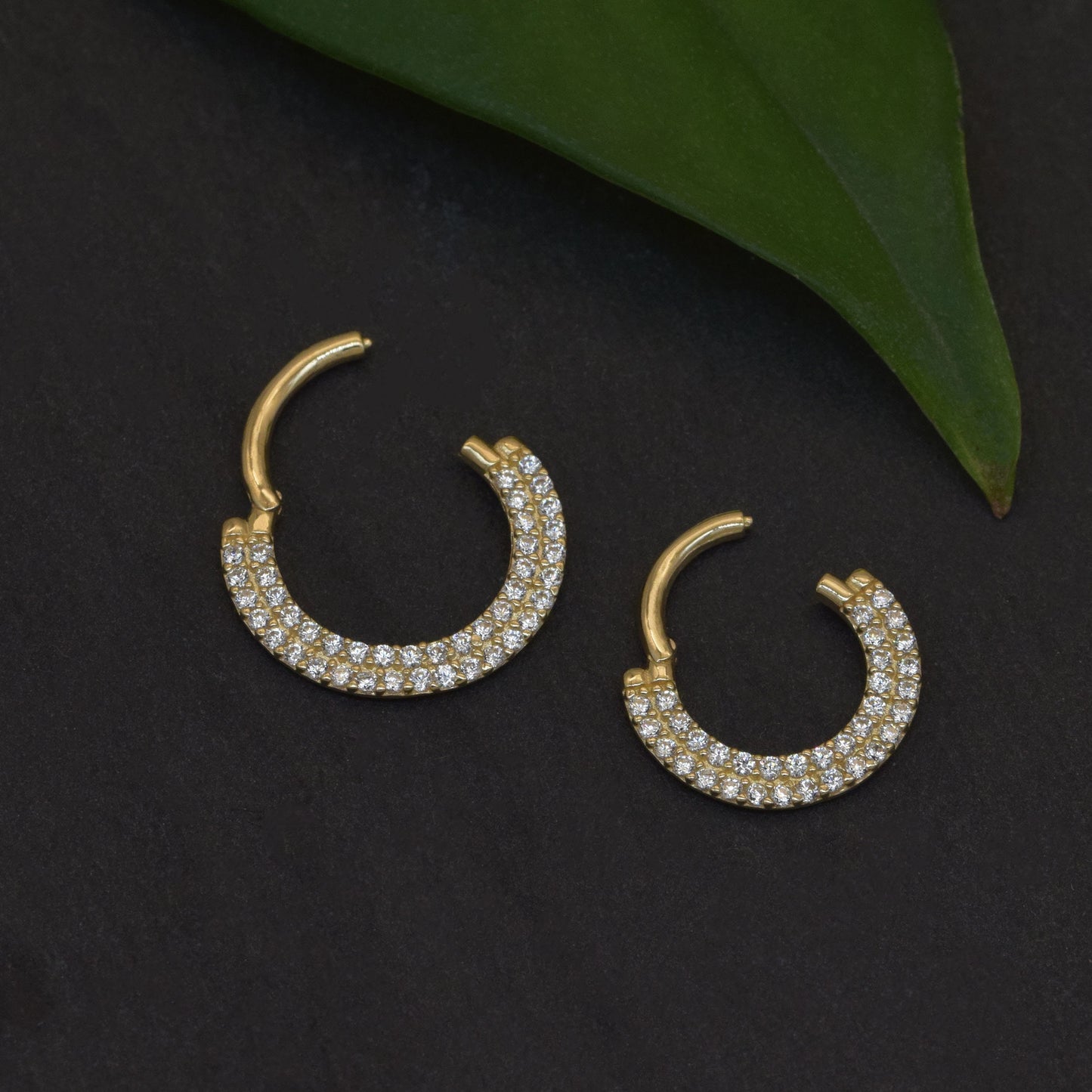 14K Solid Gold Double Row Daith Earring White Cubic Zirconia Septum Ring 18g