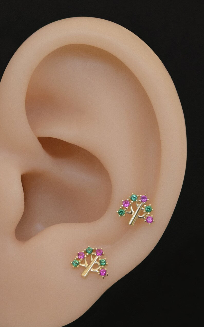 14K Solid Gold Tree Cartilage Helix Conch Tragus Stud