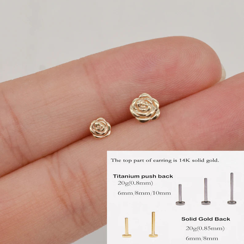 14K Solid Gold Rose Stud Helix Conch Tragus Earring