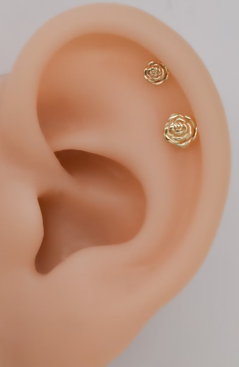 14K Solid Gold Rose Stud Helix Conch Tragus Earring