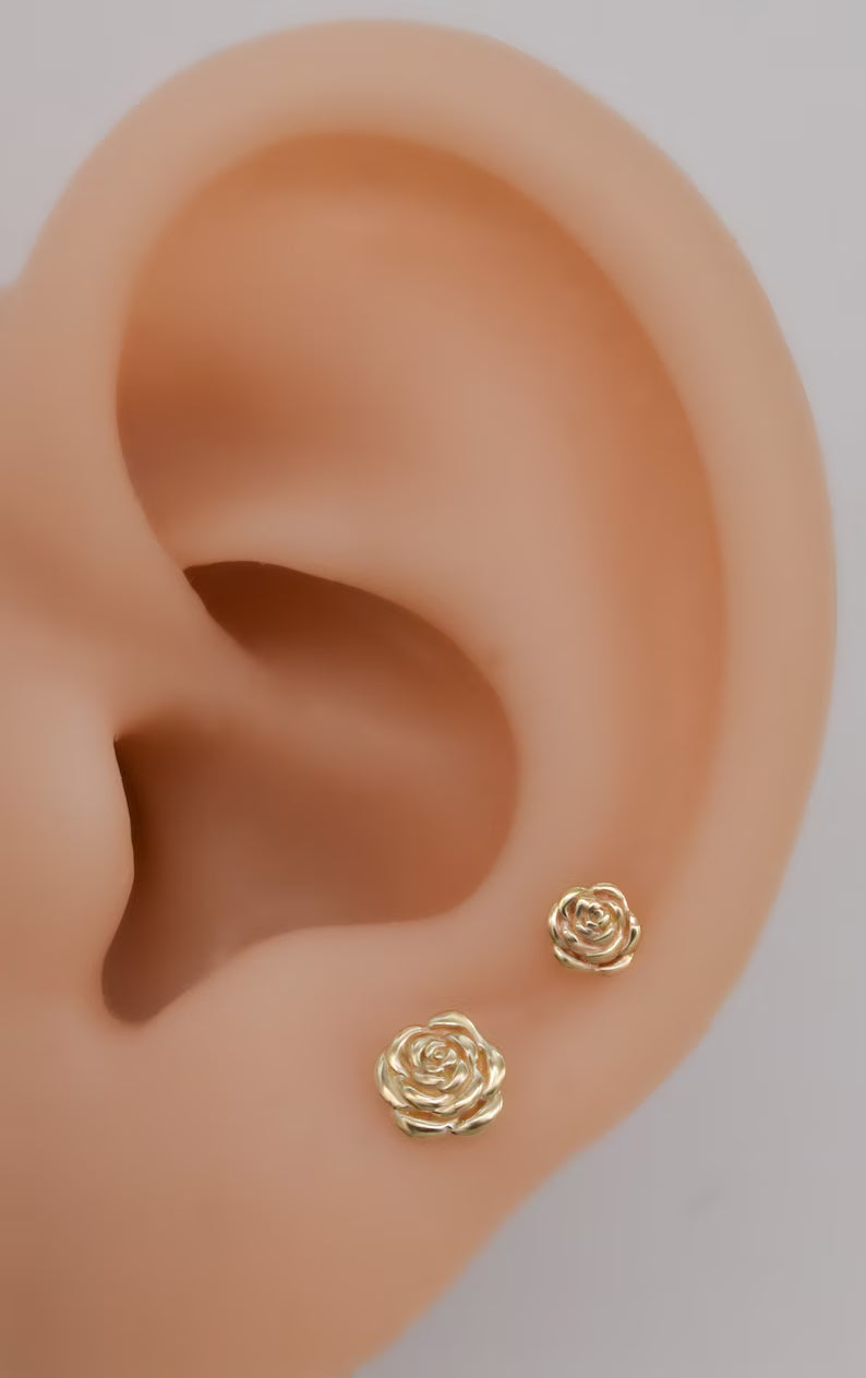 14K Solid Gold Rose Stud Helix Conch Tragus Earring