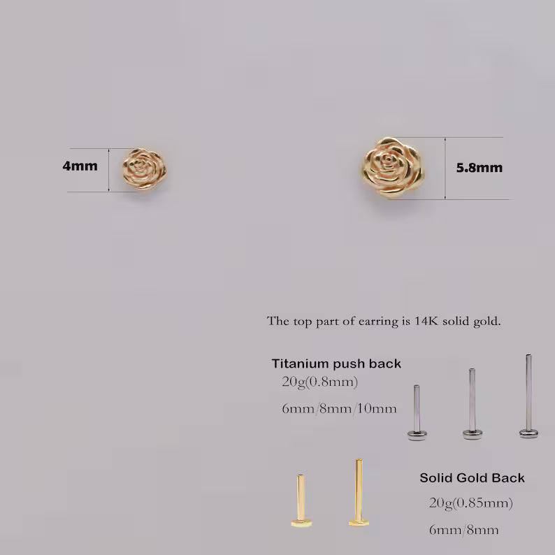 14K Solid Gold Rose Stud Helix Conch Tragus Earring