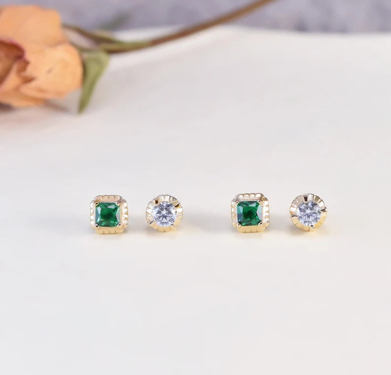 14K Gold Emerald Square Stud