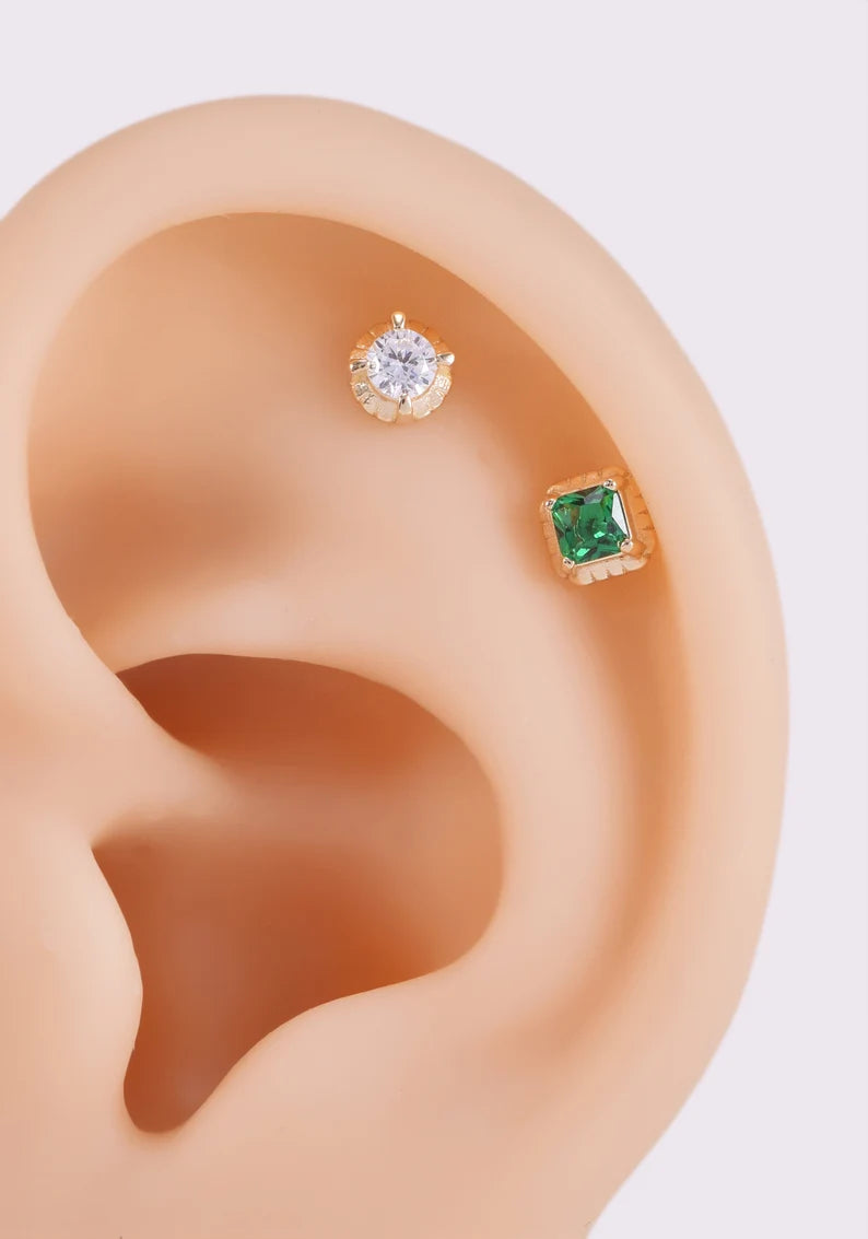 14K Gold Emerald Square Stud