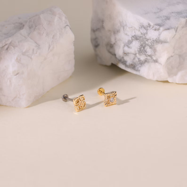 14K Solid Gold Floral Cartilage Helix Stud