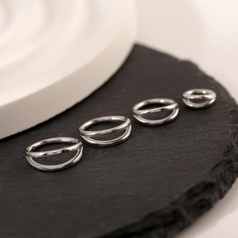 14K White Gold Double Row Hinged Hoop 16g
