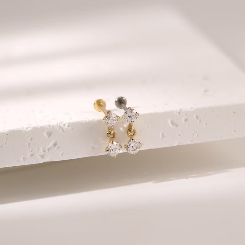 14K Gold CZ Dangle Cartilage Stud Earring