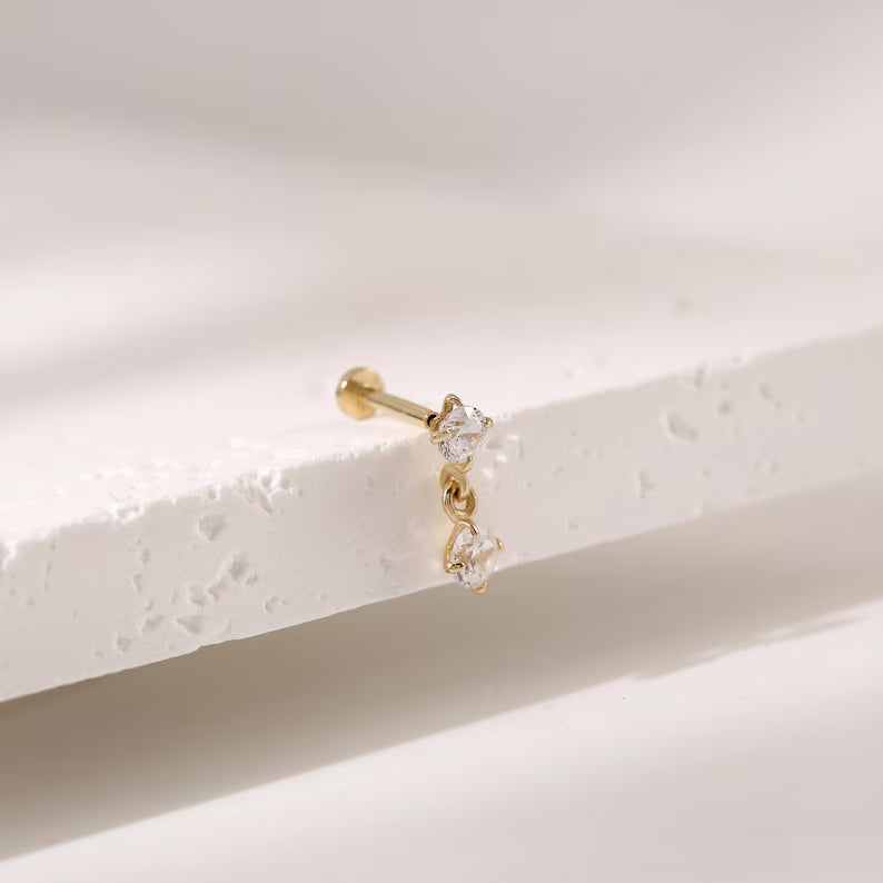 14K Gold CZ Dangle Cartilage Stud Earring