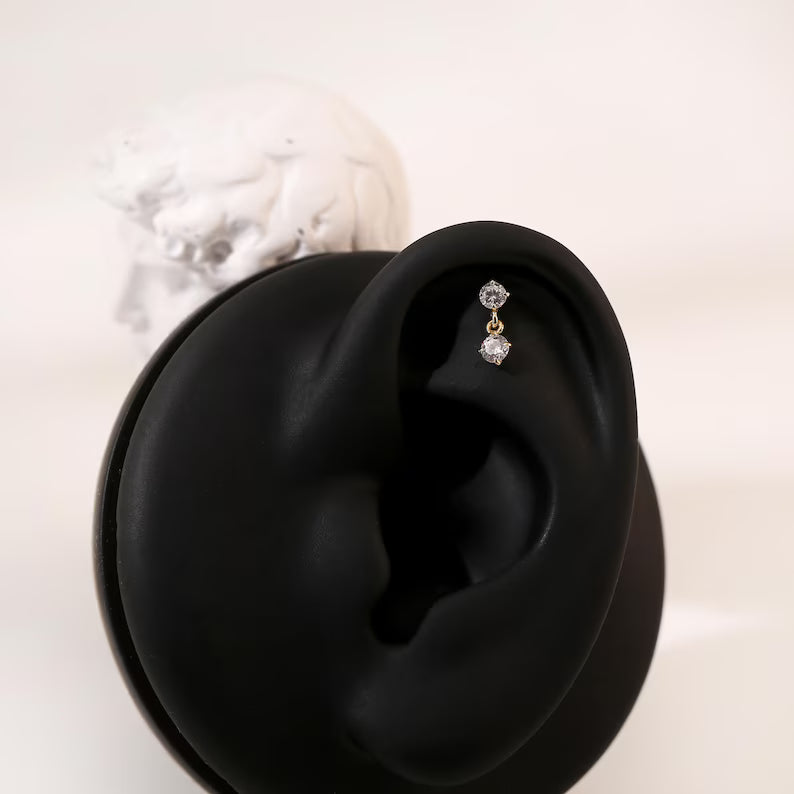 14K Gold CZ Dangle Cartilage Stud Earring