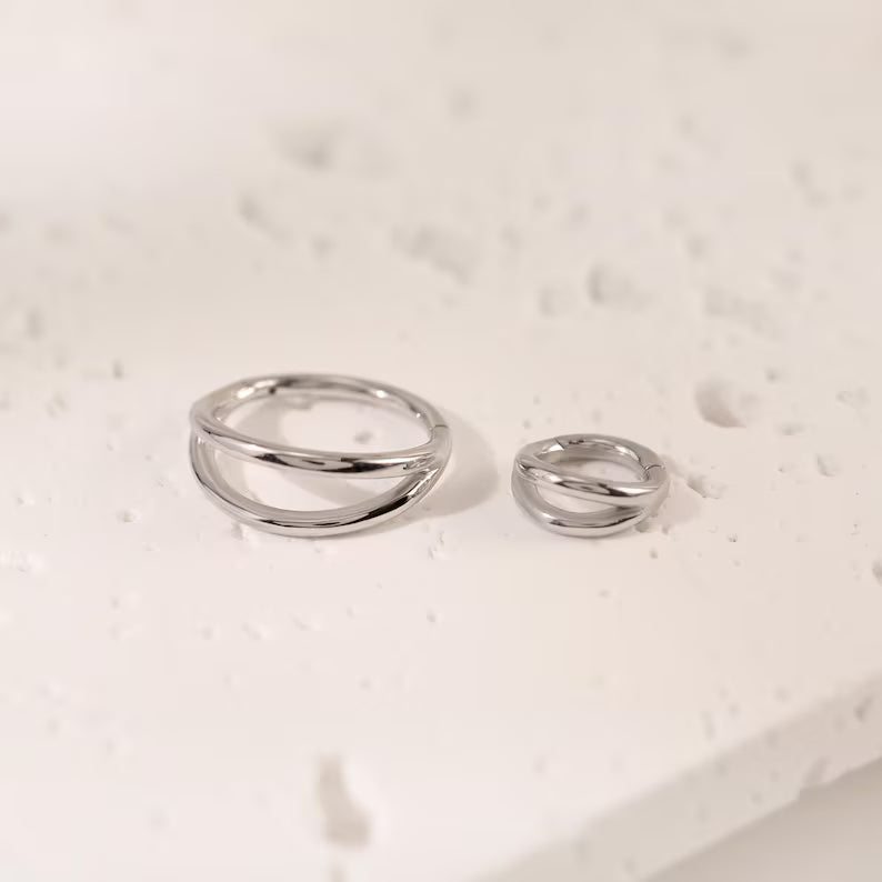 14K White Gold Double Row Hinged Hoop 16g