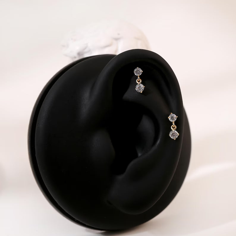 14K Gold CZ Dangle Cartilage Stud Earring