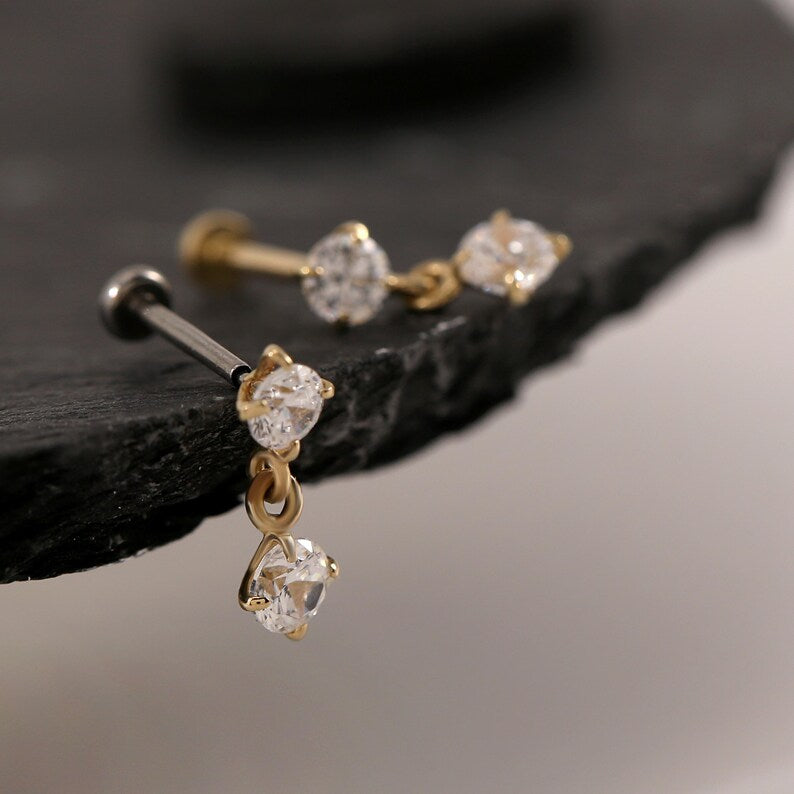 14K Gold CZ Dangle Cartilage Stud Earring