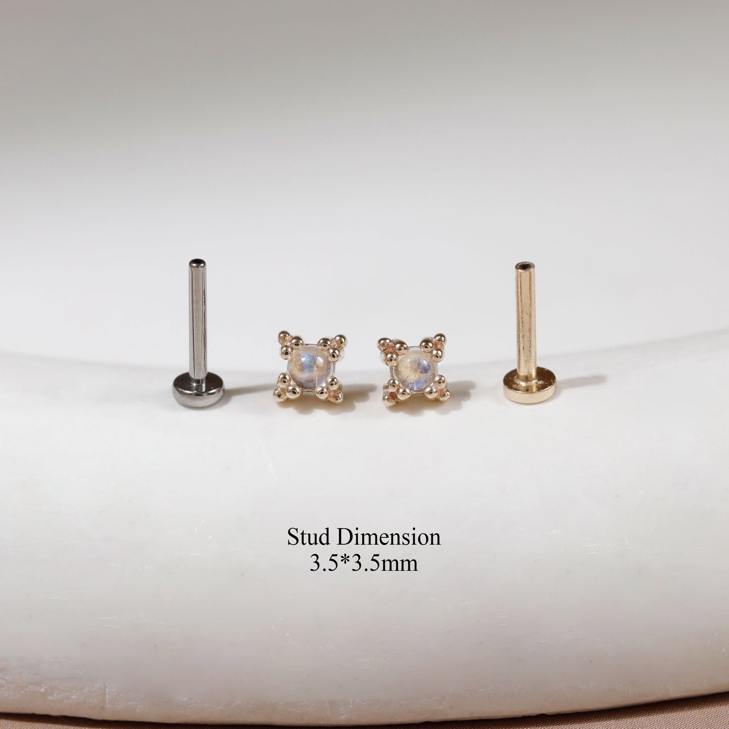 14K Solid Gold Starburst Moonstone Helix Stud