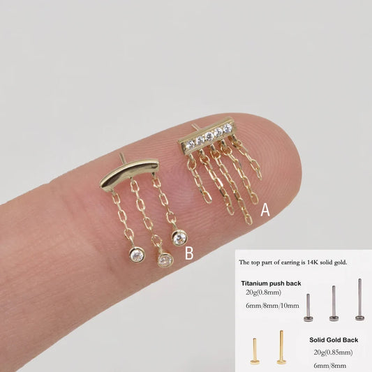 14K Solid Gold Bar Chain Earring