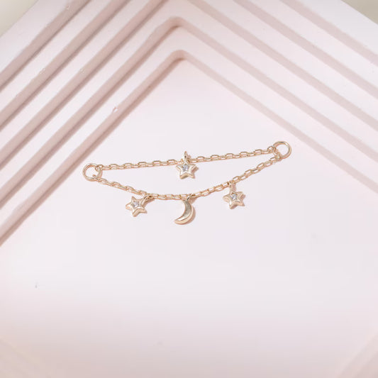 14K Solid Gold Moon Star Chain Charm