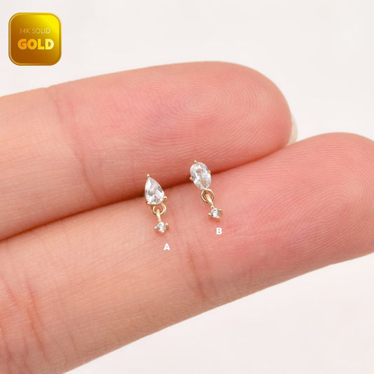 14K Solid Gold Teardrop with Dangling Stone Stud Earring
