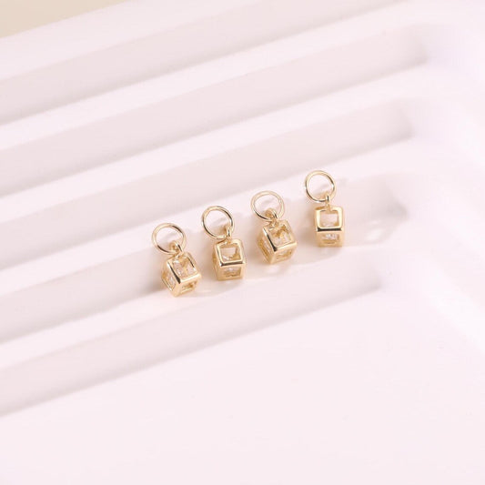 14k Solid Gold Hollow CZ Cube Charm Stud Earring