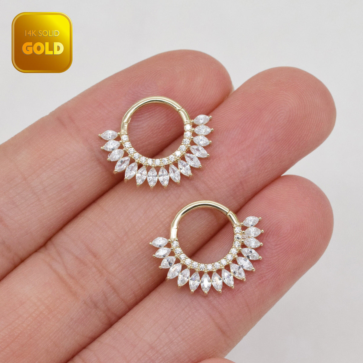 14K Solid Gold Sparkle Marquise Clicker Hoop