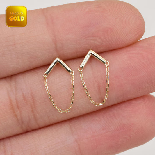 14K Solid Gold Arrow Chain Stud Earring