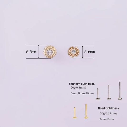 14K Solid Gold Sun Beaded Stud
