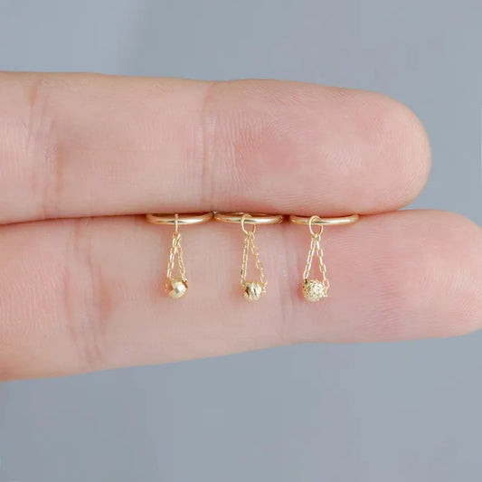 14K Gold Dangle Ball Hoop Earring