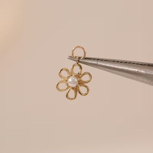 14K Solid Gold Flower Dangle Hoop Earring Charm