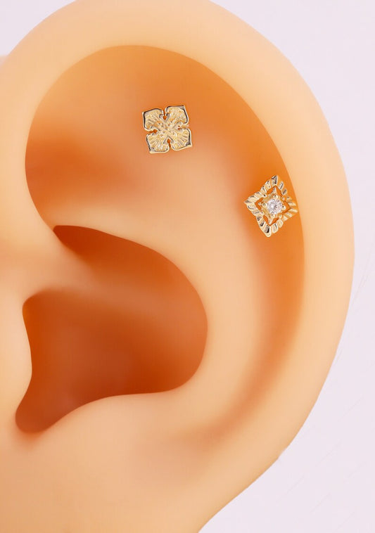 14K Solid Gold Floral Cartilage Helix Stud