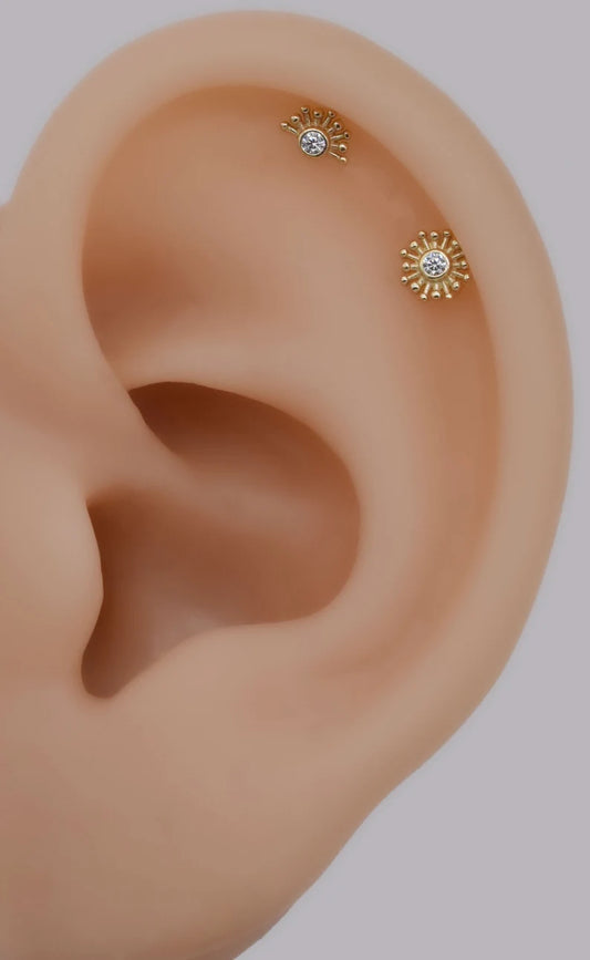 14K Gold Sun Cartilage Stud Earring