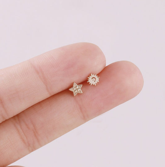 14K Solid Gold Sun & Star Stud Earring for Cartilage
