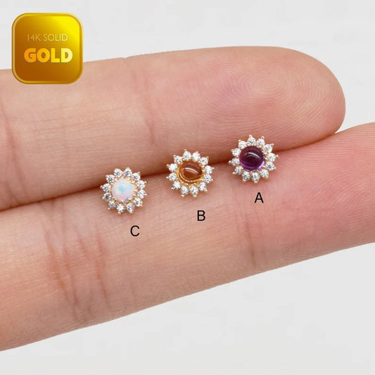 14K Gold Sunflower Opal Cartilage Stud Earring