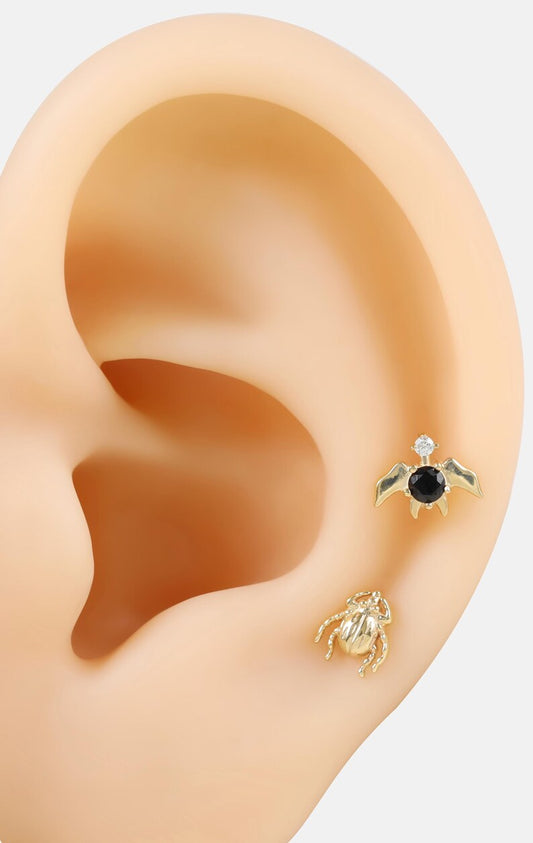 14K Gold Beetle & Bat Cartilage Earring