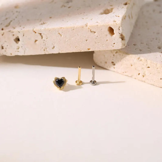 14K Gold Black Heart Cartilage Flat Back Earring