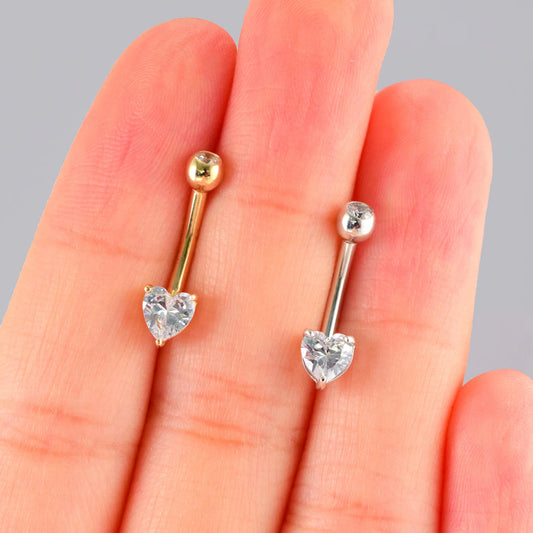 14K White Gold Heart CZ Belly Ring, 14G Curved Barbell