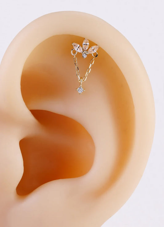 14K Gold Marquise Chain Cartilage Earring 20g
