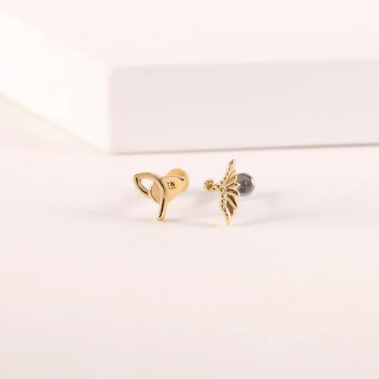 14K Gold Grass Leaf Cartilage Stud Flat Back Earring