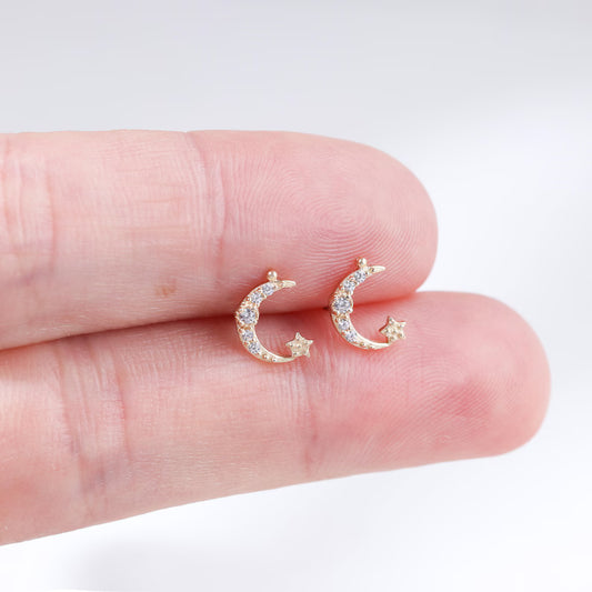 14k Gold Moon Star Helix Tragus Conch Stud