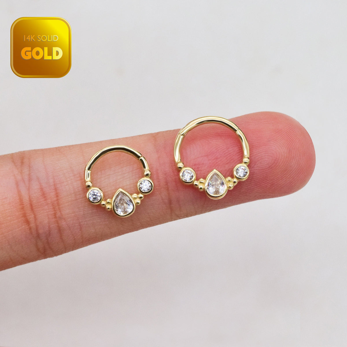 14K Solid Gold Bezel-Set Teardrop Clicker Hoop
